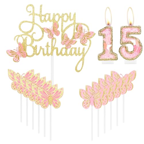 Happy 15th Birthday Schmetterling Kerzen Kuchen Cupcake Topper Rosa Gold Zahl 15 Kerze für Kuchen Mädchen 15. Geburtstag Kuchen Dekorationen Rosa Schmetterling 15. Geburtstag Kuchen Topper für von mciskin