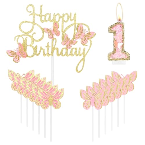Happy 1st Birthday Schmetterling Kerzen Kuchen Cupcake Topper Rosa Gold Nummer 1 Kerze für Kuchen Mädchen 1. Geburtstag Kuchen Dekorationen Rosa Schmetterling 1. Geburtstag Kuchen Topper von mciskin