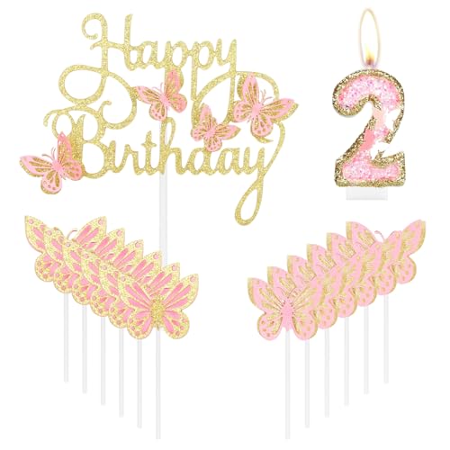 Happy 2nd Birthday Schmetterling Kerzen Kuchen Cupcake Topper Rosa Gold Nummer 2 Kerze für Kuchen Mädchen 2. Geburtstag Kuchen Dekorationen Rosa Schmetterling 2. Geburtstag Kuchen Topper von mciskin