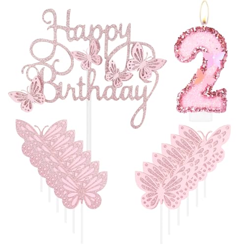 Geburtstagskerze "Happy 2nd Butterfly", rosa Nummer 2, Kerze mit Glitzer, Schmetterlingskuchen, Cupcake-Topper für Mädchen, erster Geburtstag, Dekorationen, Mädchen, rosa Schmetterlings-Thema für 2. Geburtstagskerze "Happy 2nd Butterfly", rosa Nummer 2, Kerze mit Glitzer, Schmetterlingskuchen, Cupcake-Topper für Mädchen, erster Geburtstag, Dekorationen, Mädchen, rosa Schmetterlings-Thema für 2. von mciskin