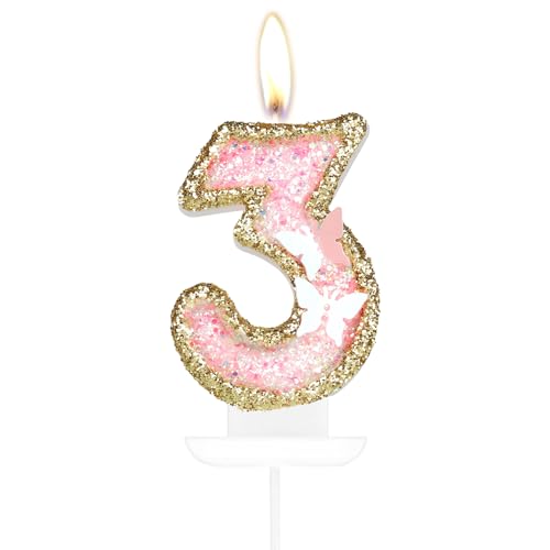 Happy 3rd Birthday Schmetterling Nummer 3 Kerzen, Rosa Gold Kuchen Cupcake Topper, Mädchen 3. Geburtstag Dekorationen, Schmetterling Kerze Topper für Kuchen von mciskin