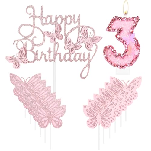 Geburtstagskerze "Happy 3rd Butterfly", rosa Nummer 3, Kerze mit Glitzer, Schmetterlingskuchen, Cupcake-Topper für Mädchen, erster Geburtstag, Dekorationen, Mädchen, rosa Schmetterlings-Thema für 3. Geburtstagskerze "Happy 3rd Butterfly", rosa Nummer 3, Kerze mit Glitzer, Schmetterlingskuchen, Cupcake-Topper für Mädchen, erster Geburtstag, Dekorationen, Mädchen, rosa Schmetterlings-Thema für 3. von mciskin