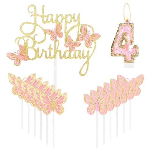 Happy 4th Birthday Schmetterling Kerzen Kuchen Cupcake Topper Rosa Gold Nummer 4 Kerze für Kuchen Mädchen 4. Geburtstag Kuchen Dekorationen Rosa Schmetterling 4. Geburtstag Kuchen Topper von mciskin