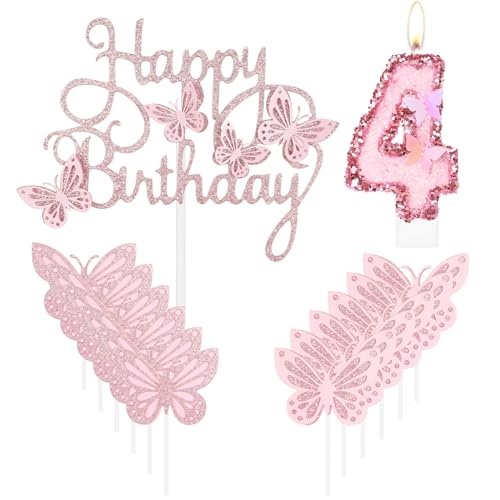 Geburtstagskerze "Happy 4th Butterfly", rosa Nummer 4, Kerze mit Glitzer, Schmetterlingskuchen, Cupcake-Topper für Mädchen, erster Geburtstag, Dekorationen, Mädchen, rosa Schmetterlings-Thema für 4. von mciskin