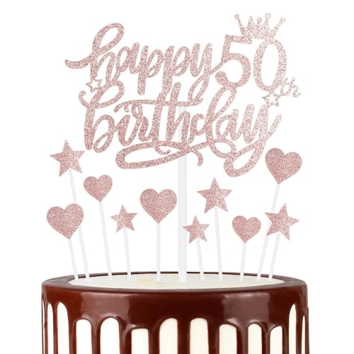 Happy 50th Birthday Cake Toppers, Rose Gold Cake Cupcake Toppers for Cake, Glitter Heart Stars Cake Toppers, Birthday Gift, Personalised Cake Toppers for Women Girls 50th von mciskin