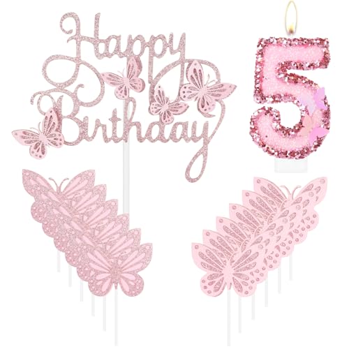 Geburtstagskerze "Happy 5th Butterfly", rosa Nummer 5, Kerze mit Glitzer, Schmetterlingskuchen, Cupcake-Topper für Mädchen, erster Geburtstag, Dekorationen, Mädchen, rosa Schmetterlings-Thema für 5. von mciskin