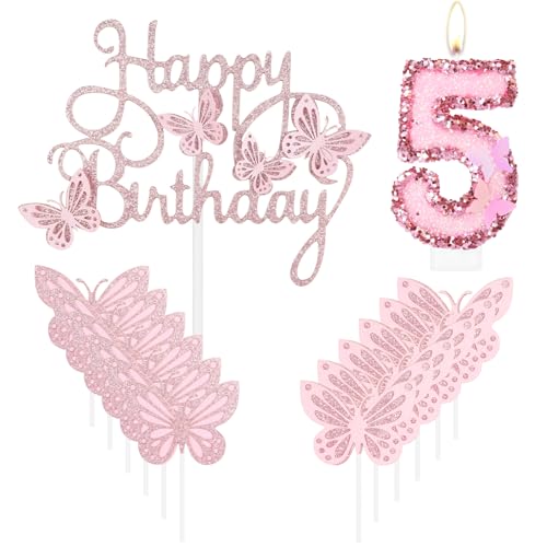 Geburtstagskerze "Happy 5th Butterfly", rosa Nummer 5, Kerze mit Glitzer, Schmetterlingskuchen, Cupcake-Topper für Mädchen, erster Geburtstag, Dekorationen, Mädchen, rosa Schmetterlings-Thema für 5. Geburtstagskerze "Happy 5th Butterfly", rosa Nummer 5, Kerze mit Glitzer, Schmetterlingskuchen, Cupcake-Topper für Mädchen, erster Geburtstag, Dekorationen, Mädchen, rosa Schmetterlings-Thema für 5. von mciskin