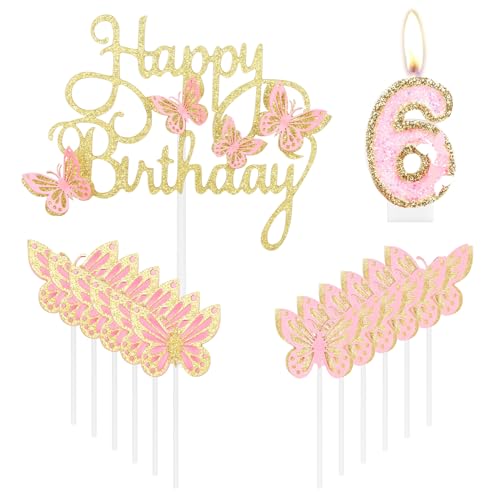 Happy 6th Birthday Schmetterling Kerzen Kuchen Cupcake Topper Rosa Gold Nummer 6 Kerze für Kuchen Mädchen 6. Geburtstag Kuchen Dekorationen Rosa Schmetterling 6. Geburtstag Kuchen Topper von mciskin