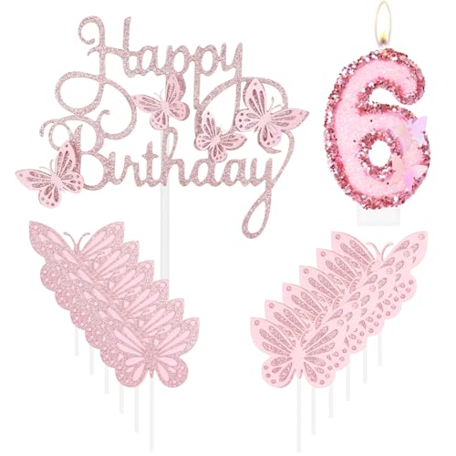 Geburtstagskerze "Happy 6th Butterfly", rosa Nummer 6, Kerze mit Glitzer, Schmetterlingskuchen, Cupcake-Topper für Mädchen, erster Geburtstag, Dekorationen, Mädchen, rosa Schmetterlings-Thema für 6. von mciskin