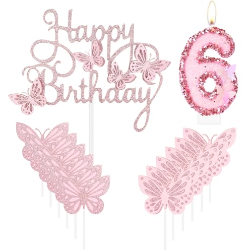 Geburtstagskerze "Happy 6th Butterfly", rosa Nummer 6, Kerze mit Glitzer, Schmetterlingskuchen, Cupcake-Topper für Mädchen, erster Geburtstag, Dekorationen, Mädchen, rosa Schmetterlings-Thema für 6. Geburtstagskerze "Happy 6th Butterfly", rosa Nummer 6, Kerze mit Glitzer, Schmetterlingskuchen, Cupcake-Topper für Mädchen, erster Geburtstag, Dekorationen, Mädchen, rosa Schmetterlings-Thema für 6. von mciskin