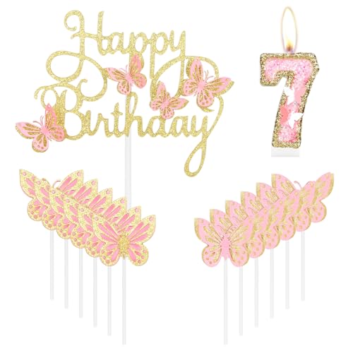 Happy 7th Birthday Schmetterling Kerzen Kuchen Cupcake Topper Rosa Gold Nummer 7 Kerze für Kuchen Mädchen 7. Geburtstag Kuchen Dekorationen Rosa Schmetterling 7. Geburtstag Kuchen Topper von mciskin