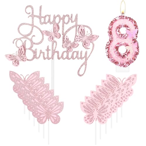 Geburtstagskerze "Happy 8th Butterfly", rosa Nummer 8, Kerze mit Glitzer, Schmetterlingskuchen, Cupcake-Topper für Mädchen, erster Geburtstag, Dekorationen, Mädchen, rosa Schmetterlings-Thema für 8. Geburtstagskerze "Happy 8th Butterfly", rosa Nummer 8, Kerze mit Glitzer, Schmetterlingskuchen, Cupcake-Topper für Mädchen, erster Geburtstag, Dekorationen, Mädchen, rosa Schmetterlings-Thema für 8. von mciskin