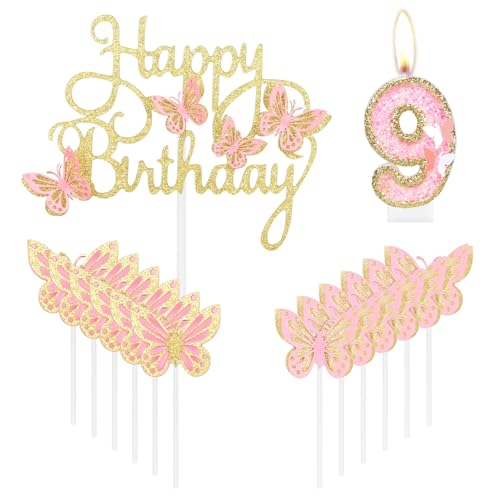 Happy 9th Birthday Schmetterling Kerzen Kuchen Cupcake Topper Rosa Gold Nummer 9 Kerze für Kuchen Mädchen 9 Geburtstag Kuchen Dekorationen Rosa Schmetterling 9 Geburtstag Kuchen Topper von mciskin