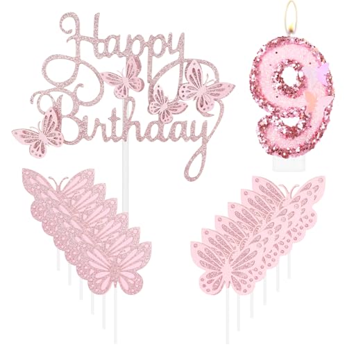 Geburtstagskerze "Happy 9th Butterfly", rosa Nummer 9, Kerze mit Glitzer, Schmetterlingskuchen, Cupcake-Topper für Mädchen, erster Geburtstag, Dekorationen, Mädchen, rosa Schmetterlings-Thema für 9. von mciskin