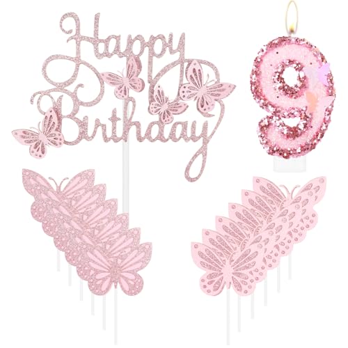 Geburtstagskerze "Happy 9th Butterfly", rosa Nummer 9, Kerze mit Glitzer, Schmetterlingskuchen, Cupcake-Topper für Mädchen, erster Geburtstag, Dekorationen, Mädchen, rosa Schmetterlings-Thema für 9. Geburtstagskerze "Happy 9th Butterfly", rosa Nummer 9, Kerze mit Glitzer, Schmetterlingskuchen, Cupcake-Topper für Mädchen, erster Geburtstag, Dekorationen, Mädchen, rosa Schmetterlings-Thema für 9. von mciskin