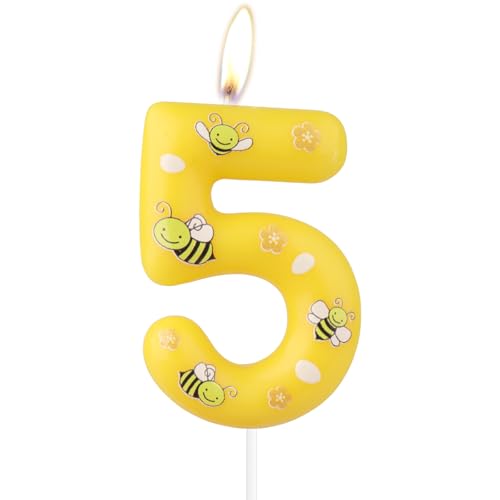 Honigbiene 5th Geburtstagskerzen, gelbe Zahl 5 Kerze mit niedlicher Biene, Mädchen Jungen 5th Geburtstag Dekorationen, Bienen Kuchen Dekorationen, Honigbiene Theme Party Dekoration Zubehör von mciskin