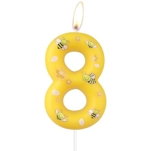 Honigbiene 8th Geburtstagskerzen, gelbe Zahl 8 Kerze mit niedlicher Biene, Mädchen Jungen 8th Geburtstag Dekorationen, Bienen Kuchen Dekorationen, Honigbiene Theme Party Dekoration Zubehör von mciskin