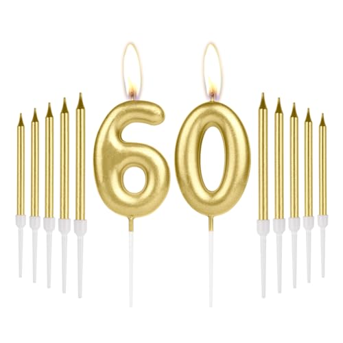 Kerzen zum 60. Geburtstag, goldene lange Stab-Geburtstagskerzen, Zahl 60, Geburtstagskerzen für Kuchen, Kuchendekoration, für Damen, Herren, Geburtstagsparty, 60. Hochzeitstag, Dekorationen von mciskin