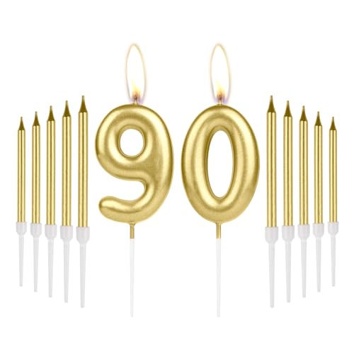 Kerzen zum 90. Geburtstag, goldene lange Stab-Geburtstagskerzen, Zahl 90 Kerze, Happy Birthday Kerzen für Kuchen, Tortenaufsatz, für Frauen und Männer, Geburtstagsparty, 90. Hochzeitstag, Dekorationen von mciskin
