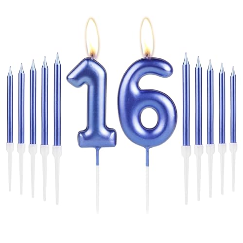 Königsblaues Kerzen-Set zum 16. Geburtstag, blaue Zahl 16, blaue Geburtstagskerzen für Kuchen, Party-Kuchenkerzen, Kuchendekoration für Mädchen, Jungen, Frauen, Männer, 16. Geburtstag, Dekoration, von mciskin