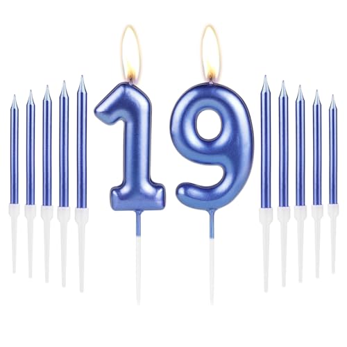 Königsblaues Kerzen-Set zum 19. Geburtstag, blaue Zahl 19, blaue Geburtstagskerzen für Kuchen, Party-Kuchenkerzen, Kuchenaufsätze für Mädchen, Jungen, Frauen, Männer, 19. Geburtstag, Dekorationen, von mciskin