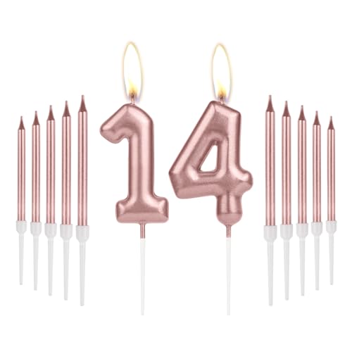 Mädchen 14. Geburtstag Kerzen Dekorationen, Zahl 14 Kerze mit Rose Gold Lange Kerzen, Geburtstagskerzen für Kuchen, Kuchen Kerze Kuchen Topper für Frauen Geburtstagsfeier 14. Hochzeitstag Feiern von mciskin