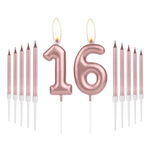Mädchen 16. Geburtstag Kerzen Dekorationen, Zahl 16 Kerze mit Rose Gold Lange Kerzen, Geburtstagskerzen für Kuchen, Kuchen Kerze Kuchen Topper für Frauen Geburtstagsfeier 16. Hochzeitstag Feiern von mciskin