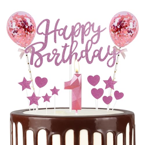 Mciskin 1 Happy Birthday Kerzen, Glitzer Happy Birthday Cake Topper, Rosa Happy Birthday Luftballons, Rosa 1 Kerze Cake Topper Stern/Herz Cupcake Toppers Dekorationen für Mädchen Frauen Geburtstag von mciskin