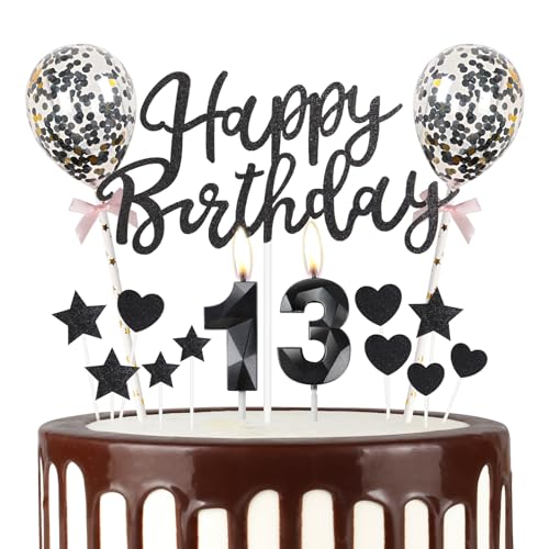 Schwarze Happy 13th Birthday Kerzen mit Happy Birthday Cake Topper, Schwarz Happy Birthday Luftballons, Zahl 13 Kerzen für Kuchen, Schwarze Kerzen Kuchen Topper für Mädchen Frauen Männer von mciskin