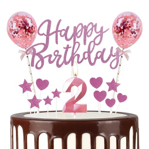 Mciskin 2 Happy Birthday Kerzen, Glitter Happy Birthday Cake Toppers, Pink Happy Birthday Ballons, Pink 2 Candle Cake Topper Star/Heart Cupcake Toppers Decorations for Girls Women Birthday Party von mciskin