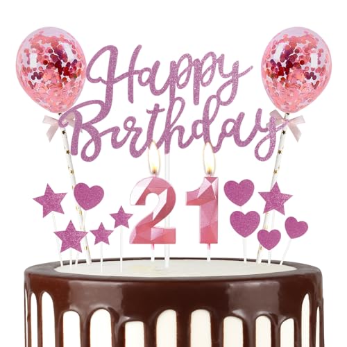 Mciskin 21th Happy Birthday Candles Glitter Happy Birthday Cake Topper Pink Happy Birthday Balloons, Pink 21 Candles Cake Topper Star/Heart Cupcake Toppers Decorations for Girls Women Birthday Party von mciskin