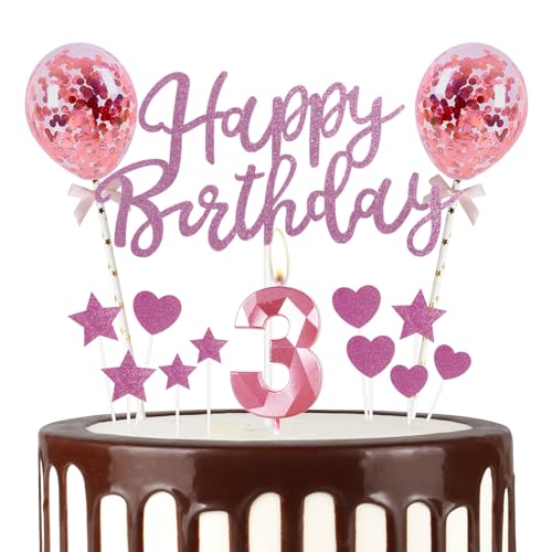 Mciskin 3 Happy Birthday Kerzen, Glitter Happy Birthday Cake Topper, Pink Happy Birthday Ballons, Pink 3 Candle Cake Topper Star/Heart Cupcake Toppers Decorations for Girls Women Birthday Party von mciskin