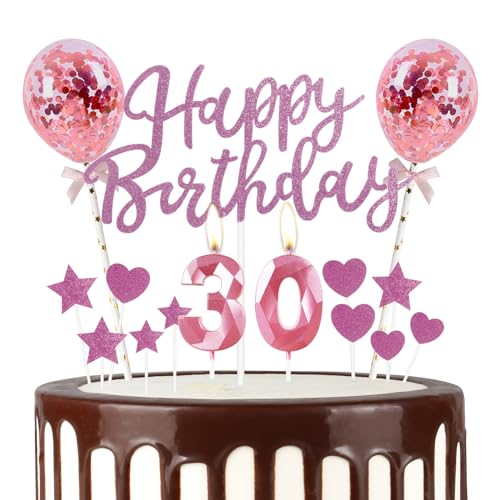 Mciskin 30th Happy Birthday Candles Glitter Happy Birthday Cake Topper Pink Happy Birthday Balloons Pink 30 Candle Cake Topper Star/Heart Cupcake Toppers Decorations for Girls Women Birthday Party von mciskin