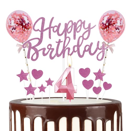 Mciskin 4 Happy Birthday Kerzen Glitzer Happy Birthday Cake Topper Pink Happy Birthday Luftballons Rosa 4 Kerzen Kuchen Topper Stern/Herz Cupcake Topper Dekorationen für Mädchen Frauen Geburtstag von mciskin