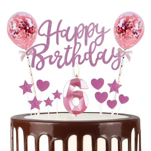 Mciskin 6 Happy Birthday Kerzen, Glitter Happy Birthday Cake Topper, Pink Happy Birthday Ballons, Pink Candles Cake Topper Star/Heart Cupcake Toppers Decorations for Girls Women Birthday Party von mciskin