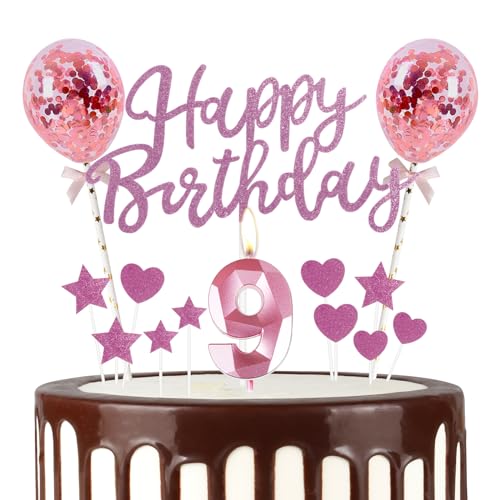 Mciskin 9 Happy Birthday Kerzen, Glitter Happy Birthday Cake Toppers, Pink Happy Birthday Ballons, Pink 9 Candle Cake Topper Star/Heart Cupcake Toppers Decorations for Girls Women Birthday Party von mciskin