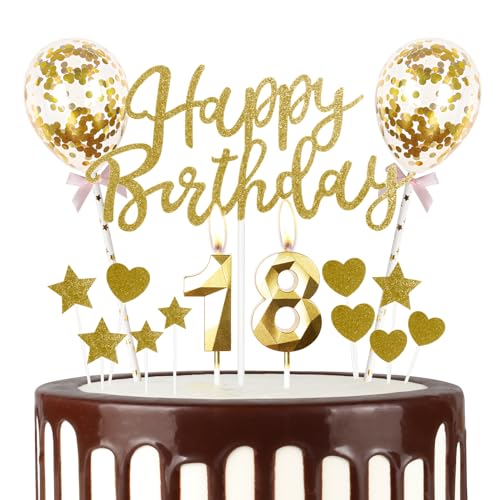 Mciskin Geburtstagskerzen zum 18. Geburtstag, glitzernd, "Happy Birthday", goldfarben, Luftballons mit 18 Kerzen, Hochzeitstorte, Stern/Herz, Cupcake-Topper, Dekorationen für Mädchen und Frauen, von mciskin