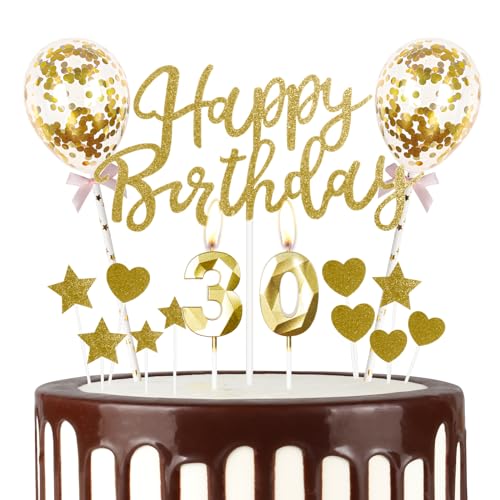 Mciskin Geburtstagskerzen zum 30. Geburtstag, glitzernd, "Happy Birthday", goldfarben, Luftballons mit 30 Kerzen, Hochzeitstorte, Stern/Herz, Cupcake-Topper, Dekorationen für Mädchen und Frauen, von mciskin