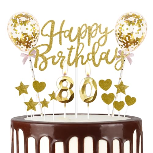 Mciskin Geburtstagskerzen zum 80. Geburtstag, glitzernd, "Happy Birthday", goldfarbene Luftballons mit 80 Kerzen, Hochzeitstorte, Stern/Herz, Cupcake-Topper, Dekorationen für Mädchen und Frauen, von mciskin