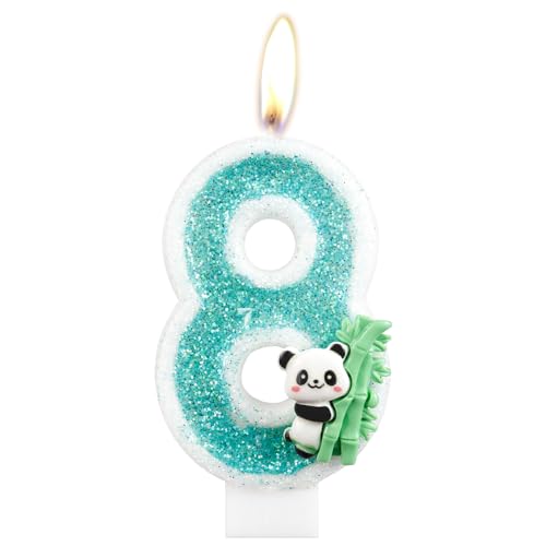 Panda Happy Birthday Tortenaufsatz Nummer 8, Kerze, Pandabär, Bambus, 8. Geburtstag, Kuchendekoration, Tiermotiv-Partyzubehör für Jungen, Mädchen, Kinder (8. Grün) von mciskin