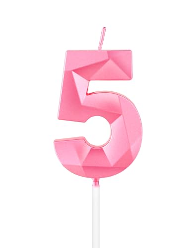 Perle rosa Kerzen zum 5th Geburtstag, 3D rosa Zahl 5 Kerze für Kuchen, Junge Mädchen 5th Geburtstag Dekorationen, rosa Kuchendekoratione, rosa Kerze Kuchen Topper für Geburtstagsfeier Hochzeitstag von mciskin