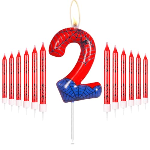 Personalisiertes Happy 2nd Birthday Kuchen Kerzen Set, Blau Rot Kerzen mit Spinnennetz, Spinne Nummer 2 Kerzen Kuchen Topper für Kuchen, Spinne Thema Party Kerzen für Jungen Mädchen 2. Geburtstag von mciskin