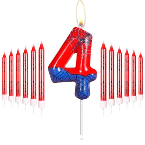 Personalisiertes Happy 4th Birthday Kuchen Kerzen Set, Blau Rot Kerzen mit Spinnennetz, Spinne Nummer 4 Kerzen Kuchen Topper für Kuchen, Spinne Thema Party Kerzen für Jungen Mädchen 4. Geburtstag von mciskin