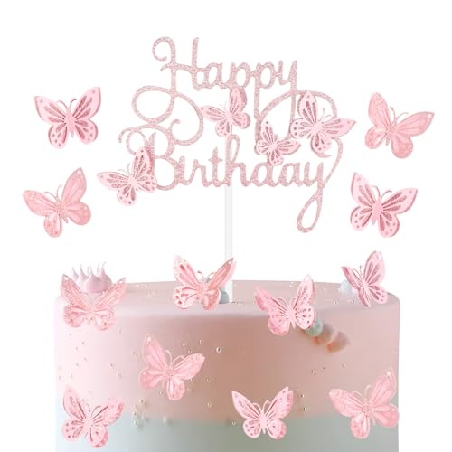 Pink Butterfly Happy Birthday Cake Toppers, Pink Butterfly Cake Toppers for Cake, Pink Glitter Butterfly Cake Decorations, Butterfly Theme Cake Cupcake Toppers for Girls Women Birthday Decorations von mciskin