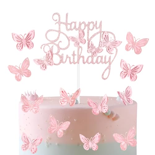 Pink Butterfly Happy Birthday Cake Toppers, Pink Butterfly Cake Toppers for Cake, Pink Glitter Butterfly Cake Decorations, Butterfly Theme Cake Cupcake Toppers for Girls Women Birthday Decorations von mciskin