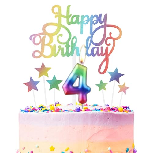 Regenbogen 4th Geburtstag Kerzen, Regenbogen Zahl 4 Kerze für Kuchen, Regenbogen Happy Birthday Kerze Kuchen Toppers, Bunte Kuchen Kerzen Kuchen Toppers für Mädchen Jungen 4th Geburtstag Dekorationen von mciskin
