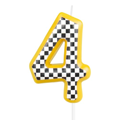 Rennwagen Geburtstagskerzen, gelbe Autos Nummer 4 Kerzen für Kuchen, Mädchen Jungen 4th Geburtstag Dekorationen, schwarze und weiße Streifen Rennwagen Thema für Mädchen Jungen Geburtstagsparty Dekor von mciskin