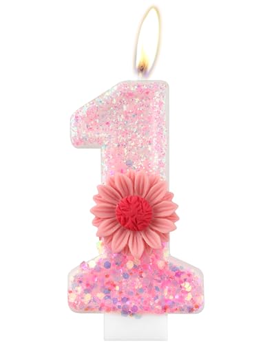 Rosa Gänseblümchen Geburtstagskerzen, rosa Geburtstag Nummer 1 Kerzen für Geburtstagskuchen, rosa Blume, erste Geburtstagskerze, Glitzer-Blumenkerze für Mädchen, 1st Geburtstag Party-Dekorationen Rosa Gänseblümchen Geburtstagskerzen, rosa Geburtstag Nummer 1 Kerzen für Geburtstagskuchen, rosa Blume, erste Geburtstagskerze, Glitzer-Blumenkerze für Mädchen, 1st Geburtstag Party-Dekorationen von mciskin