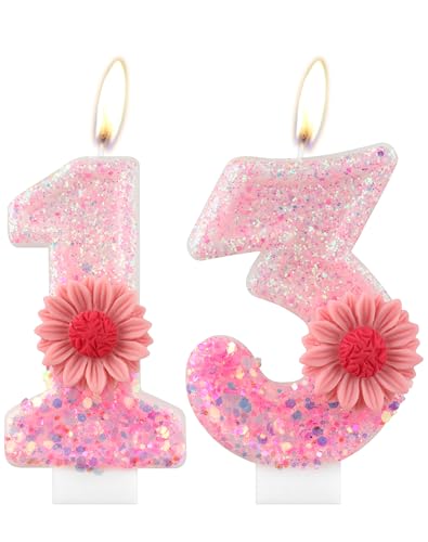 Rosa Gänseblümchen Geburtstagskerzen, rosa Geburtstag Nummer 13 Kerzen für Geburtstagskuchen, rosa Blume, 13th Geburtstagskerze, Glitzer-Blumenkerze für Mädchen, 13th Geburtstag Party-Dekorationen Rosa Gänseblümchen Geburtstagskerzen, rosa Geburtstag Nummer 13 Kerzen für Geburtstagskuchen, rosa Blume, 13th Geburtstagskerze, Glitzer-Blumenkerze für Mädchen, 13th Geburtstag Party-Dekorationen von mciskin