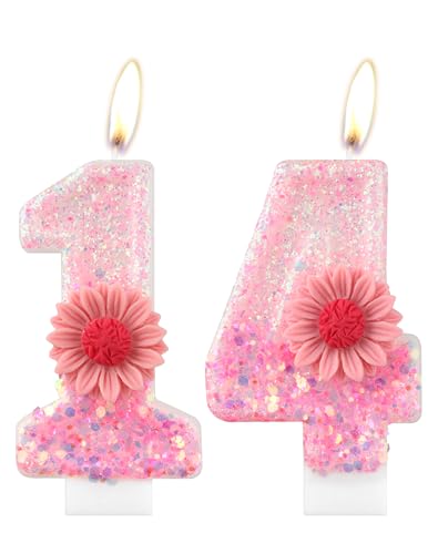 Rosa Gänseblümchen Geburtstagskerzen, rosa Geburtstag Nummer 14 Kerzen für Geburtstagskuchen, rosa Blume, 14th Geburtstagskerze, Glitzer-Blumenkerze für Mädchen, 14th Geburtstag Party-Dekorationen Rosa Gänseblümchen Geburtstagskerzen, rosa Geburtstag Nummer 14 Kerzen für Geburtstagskuchen, rosa Blume, 14th Geburtstagskerze, Glitzer-Blumenkerze für Mädchen, 14th Geburtstag Party-Dekorationen von mciskin
